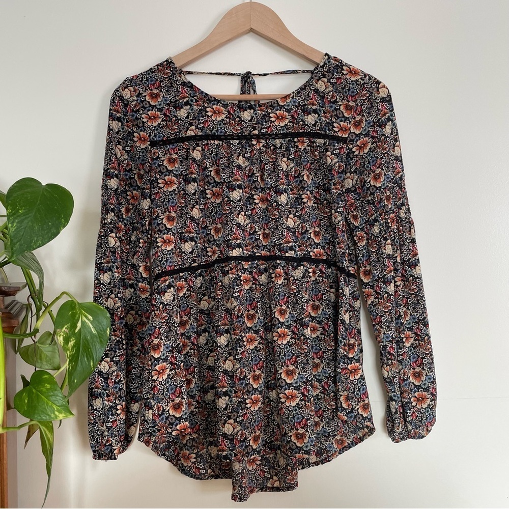 Knox Rose Black & Multicolored Floral Blouse Top Bishop Sleeve Size XS